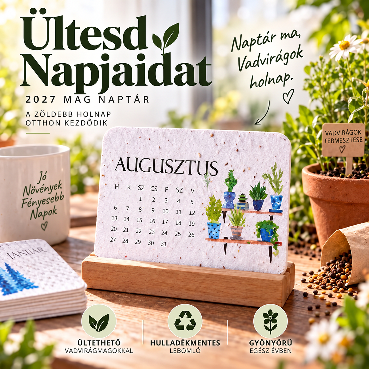 🌱 Környezetbarát, elültethető „Időtlen” Magpapír Naptár 2027